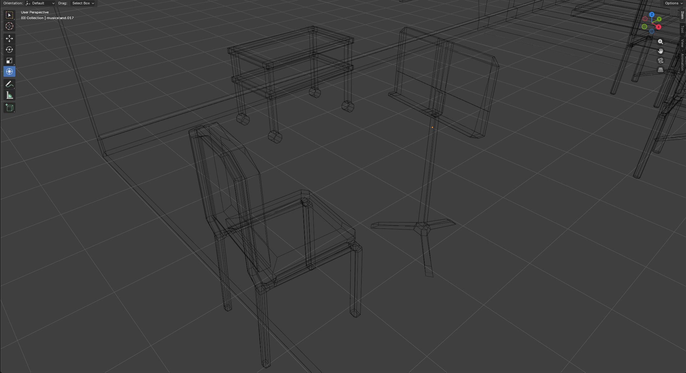 Music stand, chair, rolling table wireframes